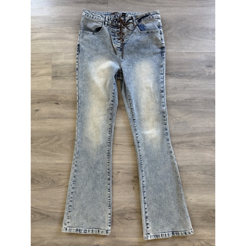 Vintage Y2K Carbon Women's Lace Up Light/Acid Wash Stretch Flare Jeans Size 5